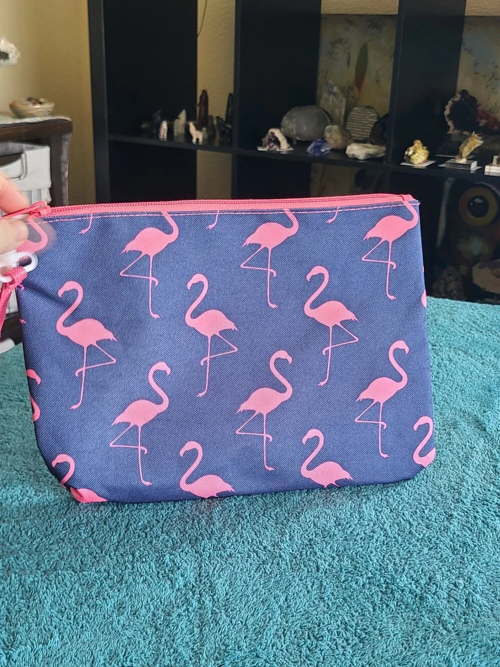 Pink Flamingo Print Wristlet In Navy and Pink